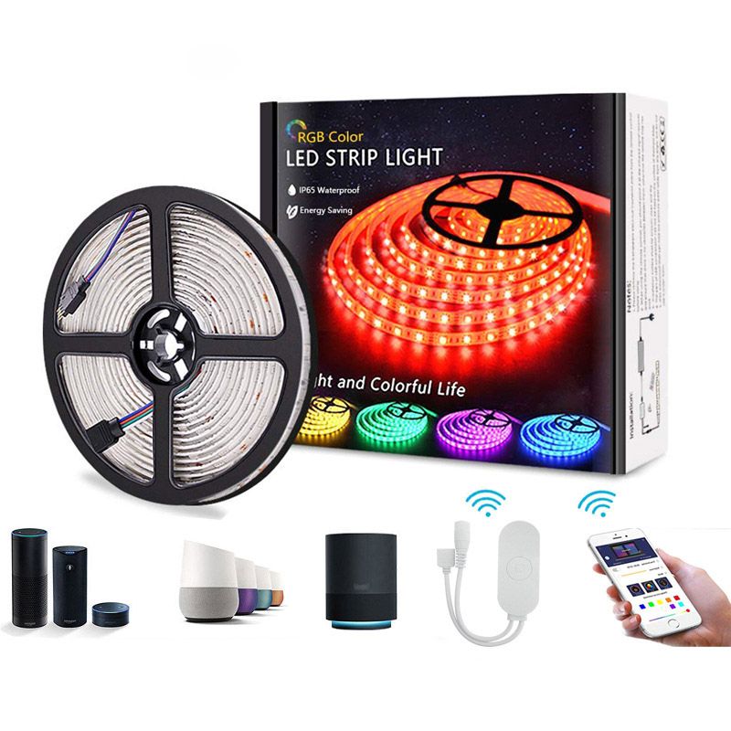 DC12V 16.4ft/5M 30LEDs/M 5050RGB WIFI Intelligent Voice LED Light Strip Kit,Marquee Multi Colorful Light Strip